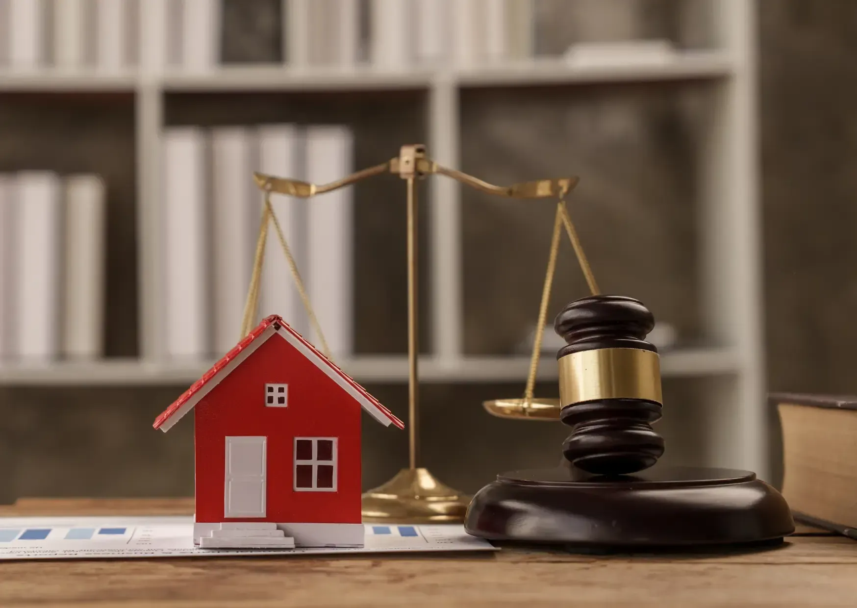 Red house model beside gavel and scales of justice on a desk