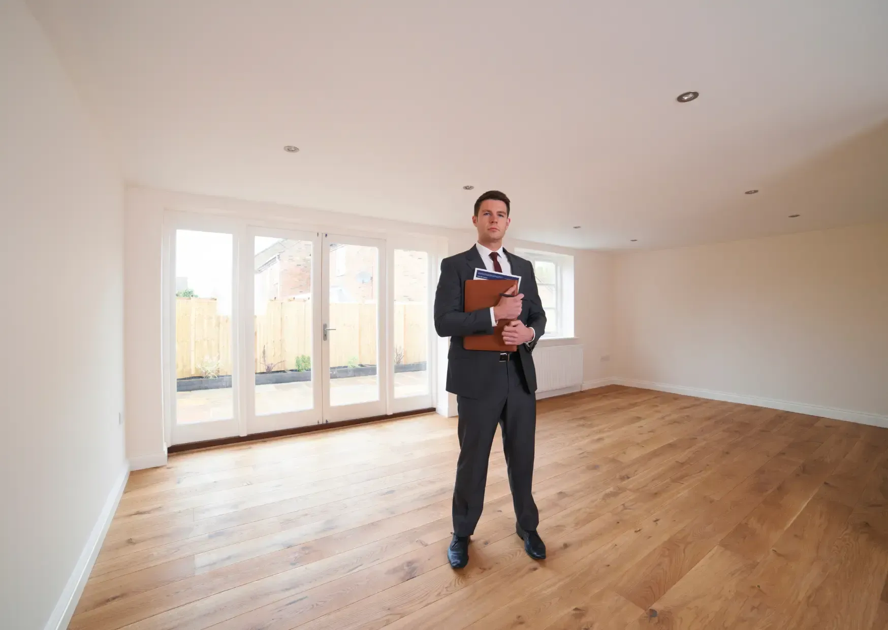 Real estate agent standing in an empty, sunlit room with wooden floors and large glass doors