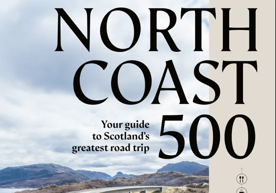A cover of a book showing a camper van crossing a bridge
