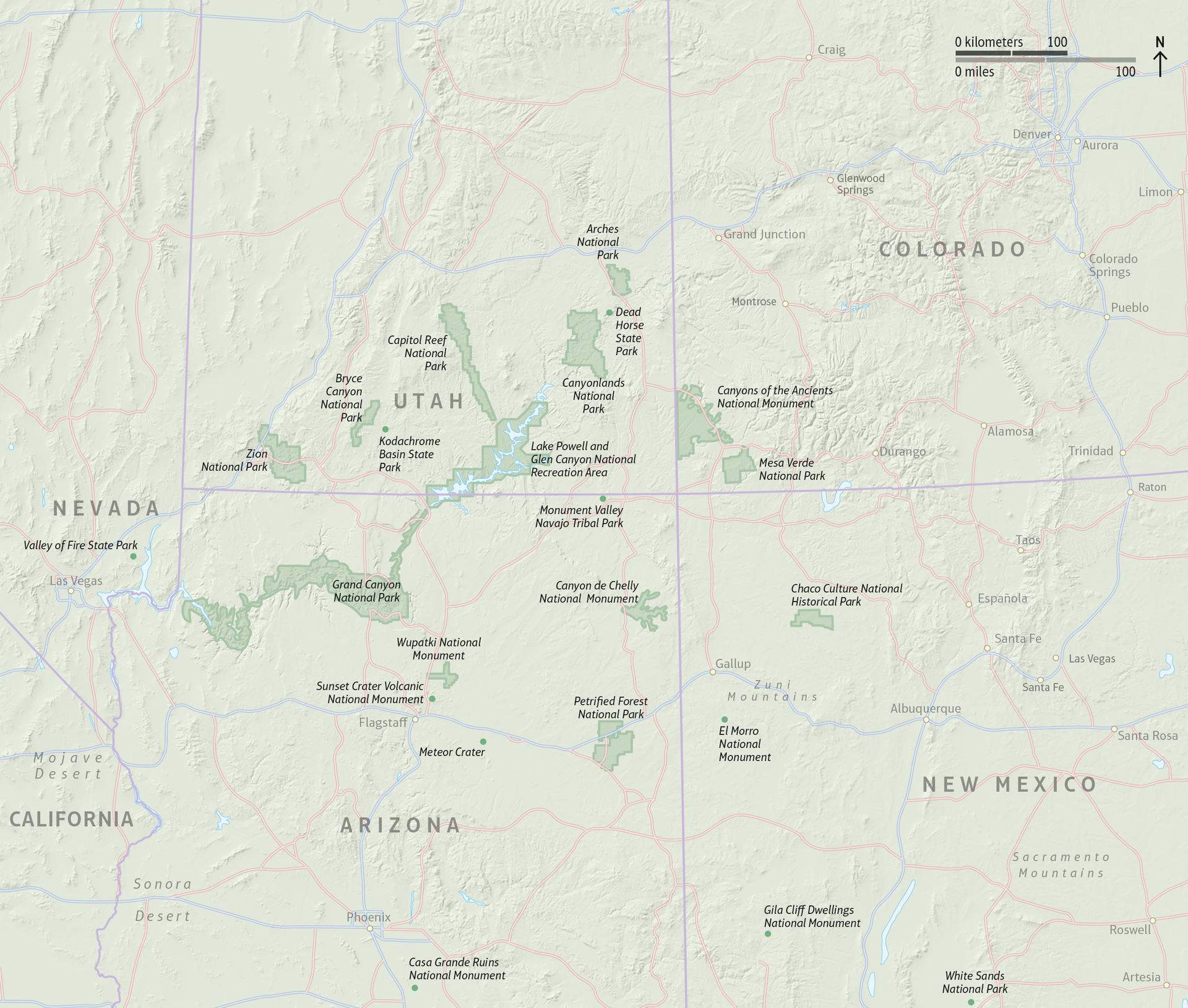 A map of the national parks around the four corners.