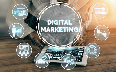 A graphic showing components of digital marketing.