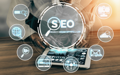 A graphic showing components of SEO strategies.