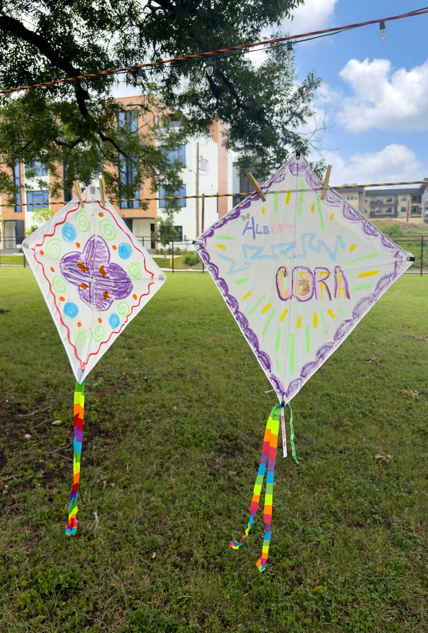 Decorated kites hanging at Avy's Sunshine Kite Festival.