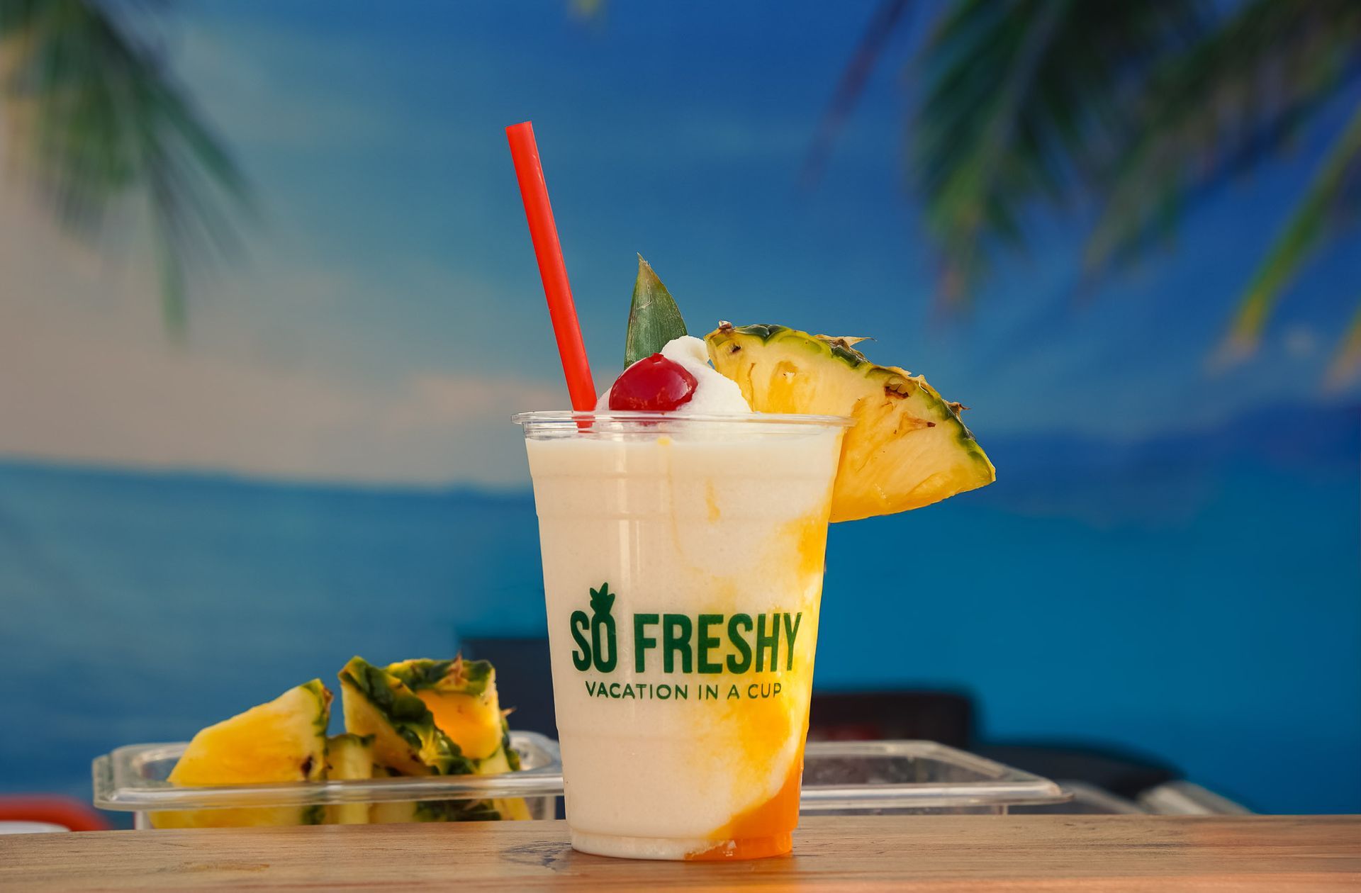 Product photography showcasing So Freshy's signature piña colada for website and social media marketing.