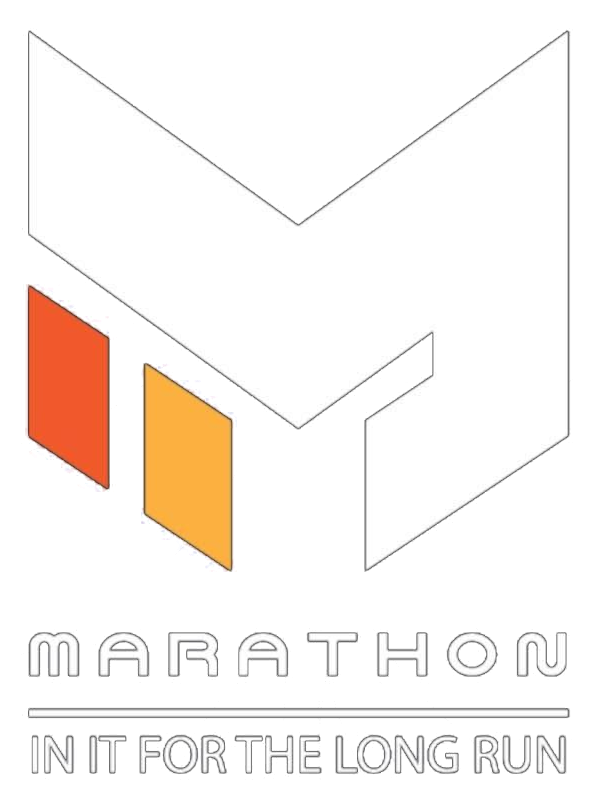 Marathon logo with stylized white M and orange-yellow blocks above the slogan “IN IT FOR THE LONG RUN”