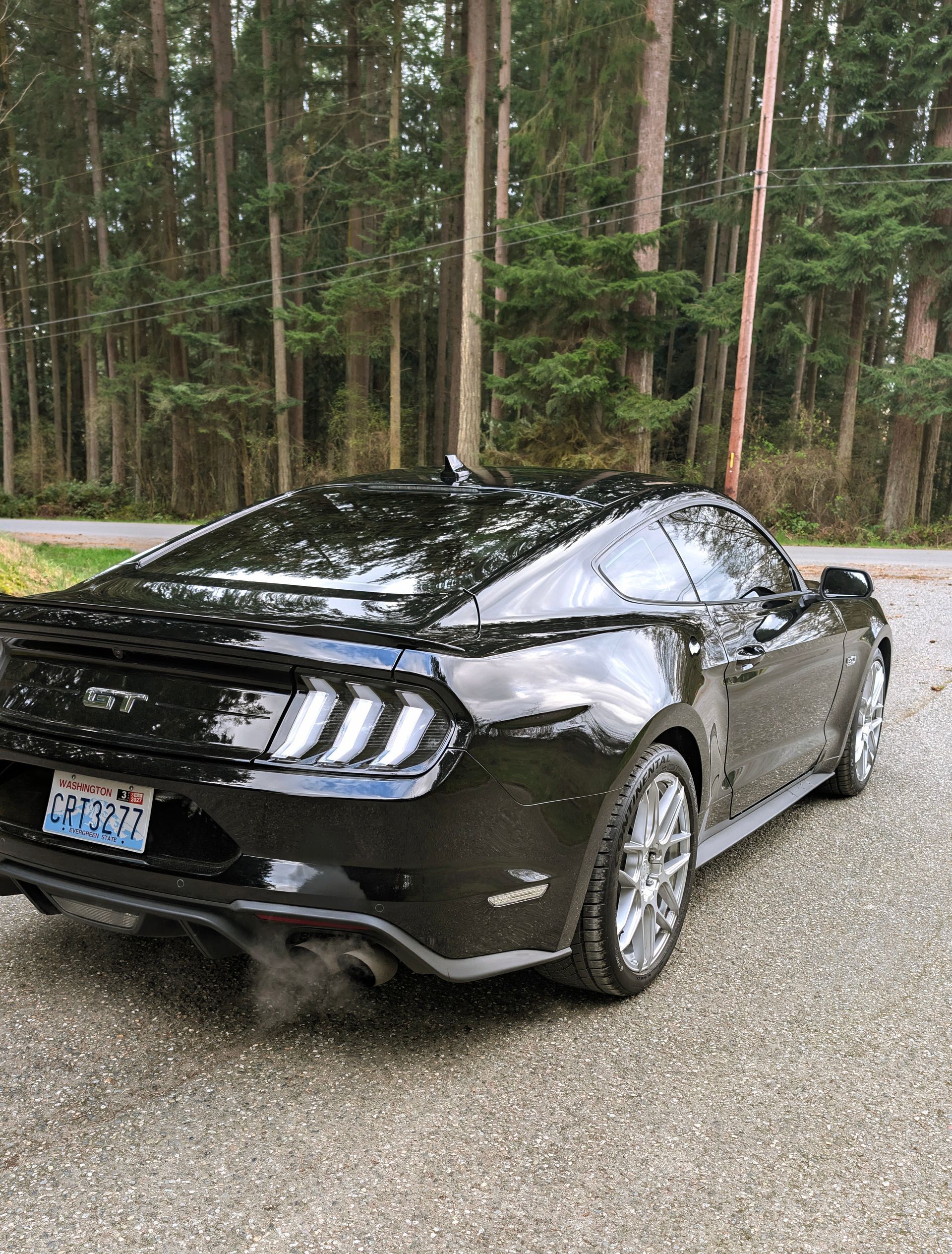 Black sports coupe parked on gravel by a forest road, rear three-quarter view.