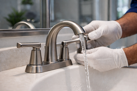 Gloved hands washing under a running bathroom faucet in a sink