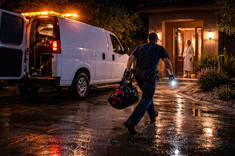 Emergency worker carrying a red bag toward a lit house beside a white van on a wet driveway at night