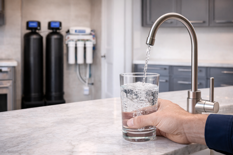Hand filling a glass with water from a kitchen faucet beside a water filter system.