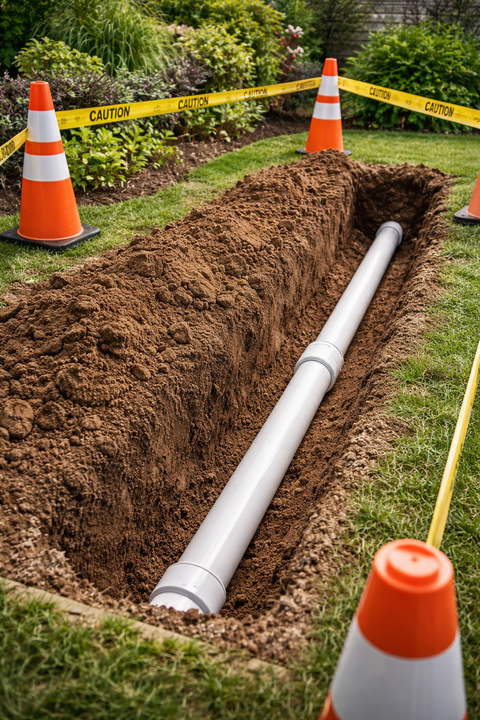 Orange traffic cones and caution tape around a trench with a white pipe laid in dirt outdoors