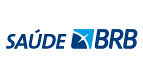 Logo da Saúde BRB em azul, com símbolo estilizado entre as palavras.