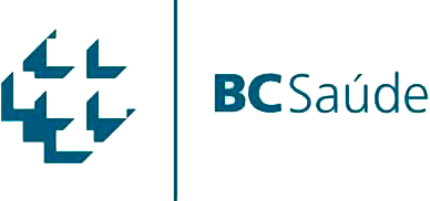 Logotipo da BC Saúde em verde-azulado com ícone de cruz geométrica e texto sobre fundo branco.