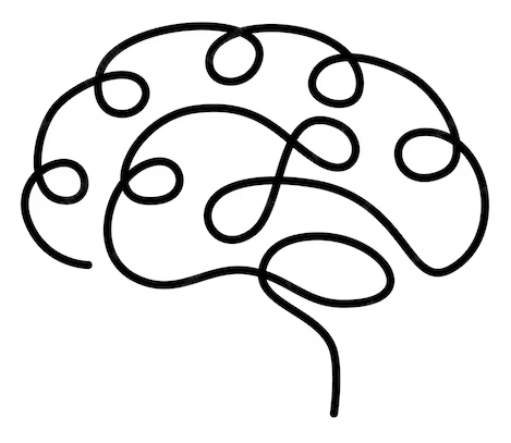Desenho minimalista em preto e branco de um cérebro com circuitos intrincados e ramificados sobre um fundo branco.