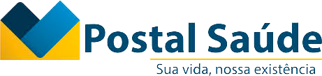 Postal Saúde logo with blue and yellow checkmark and the slogan “Sua vida, nossa existência”