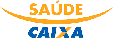 Logo da Saude Caixa em laranja e azul sobre fundo branco