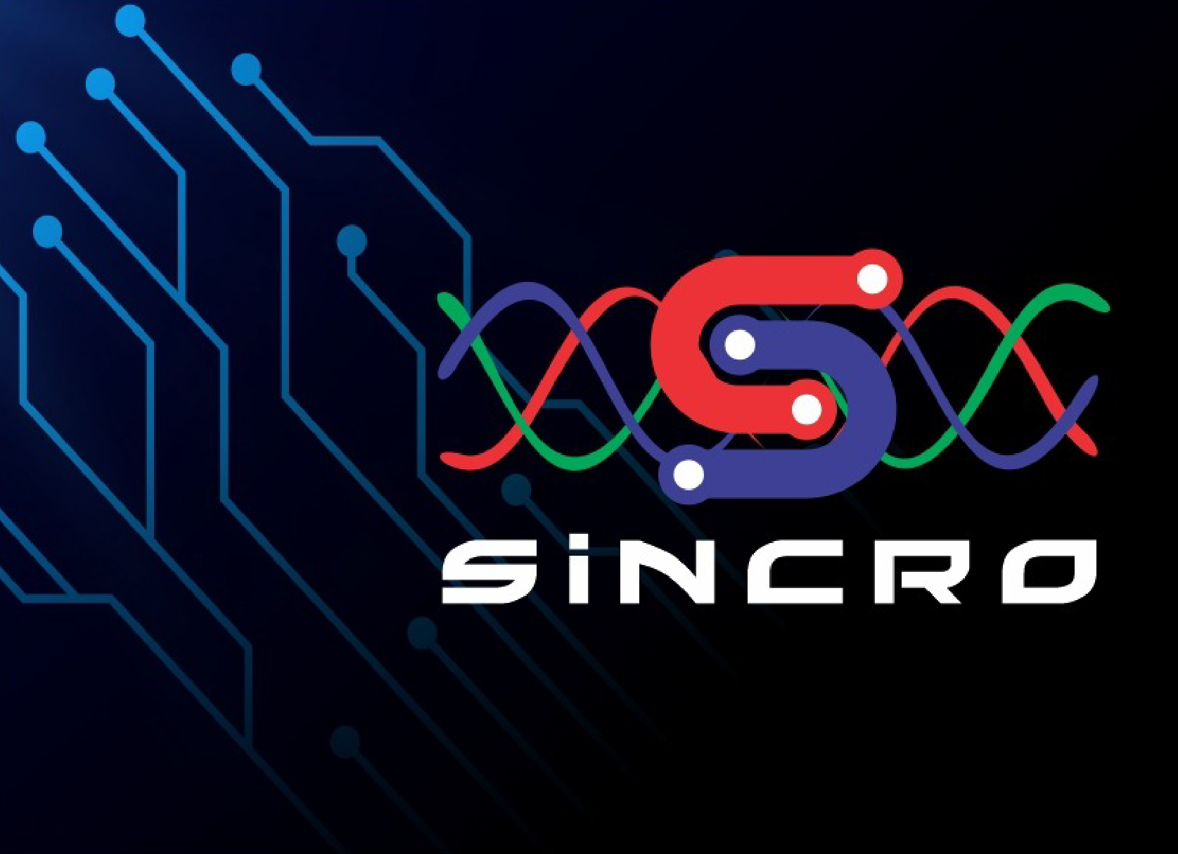 Logotipo de SINCRO con hélice de ADN colorida y líneas de circuito azules sobre fondo negro.