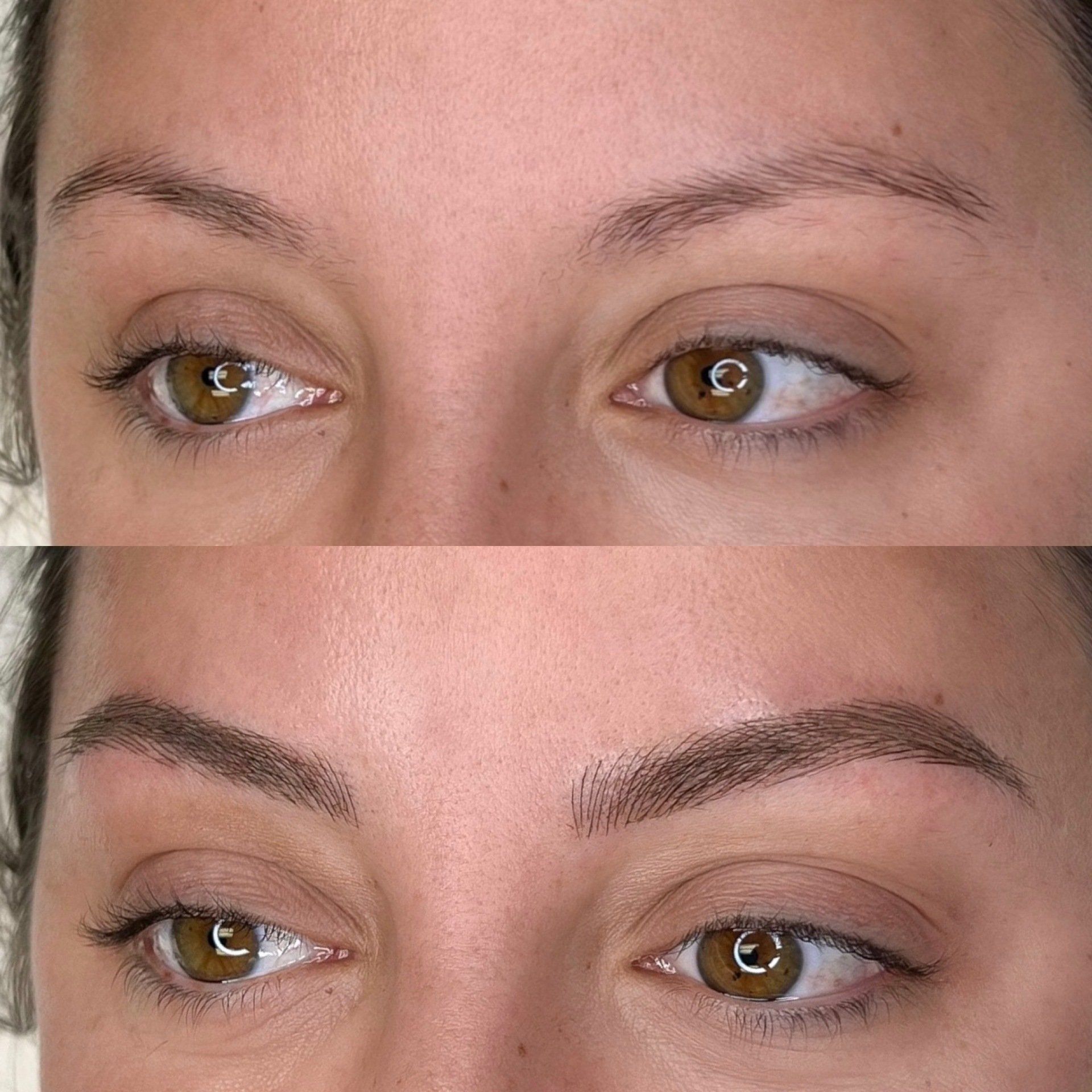 Before-and-after of eyebrows; top shows sparse brows, bottom shows filled-in, defined brows.