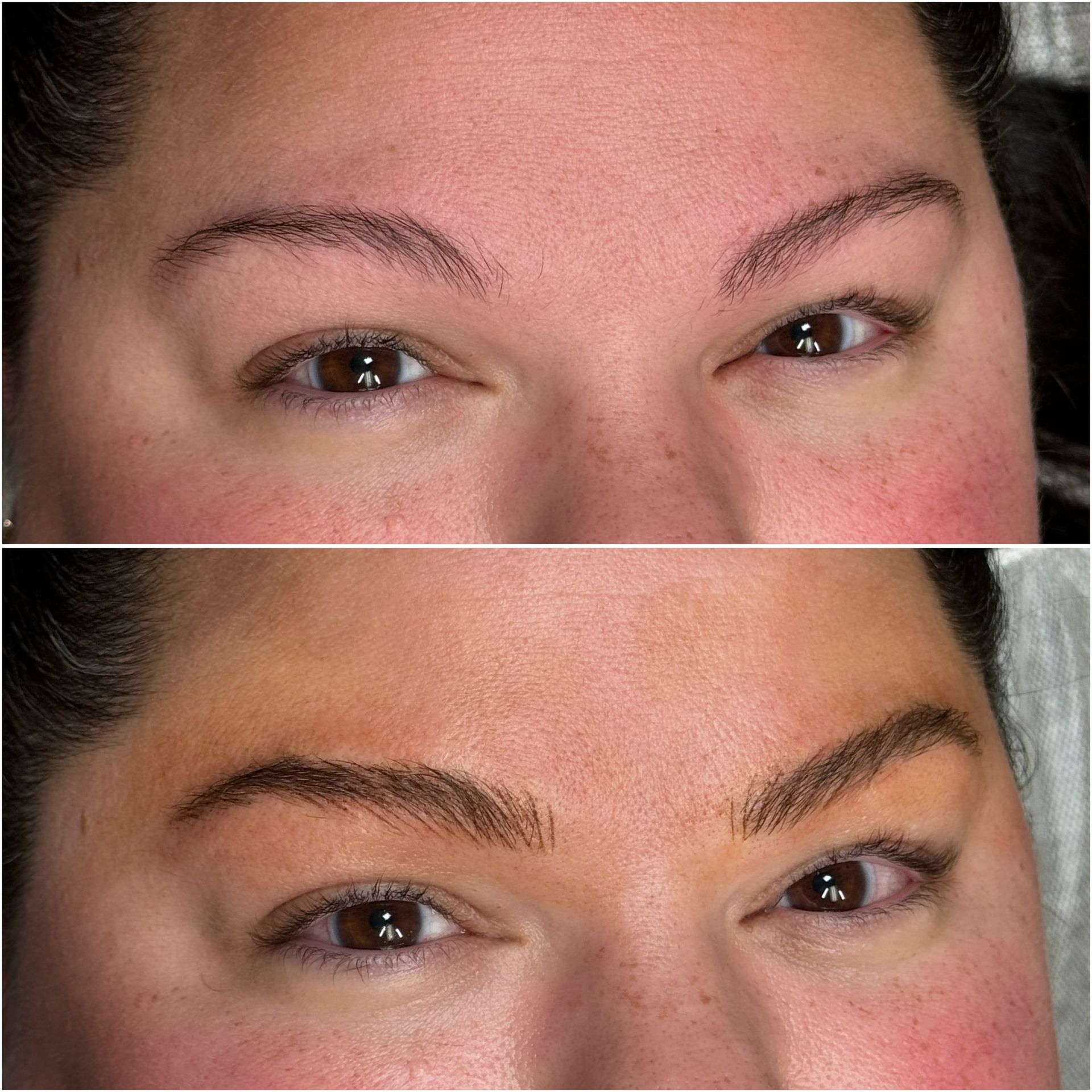 Comparison of eyebrows before and after a cosmetic procedure. Top: sparse. Bottom: fuller, darker.