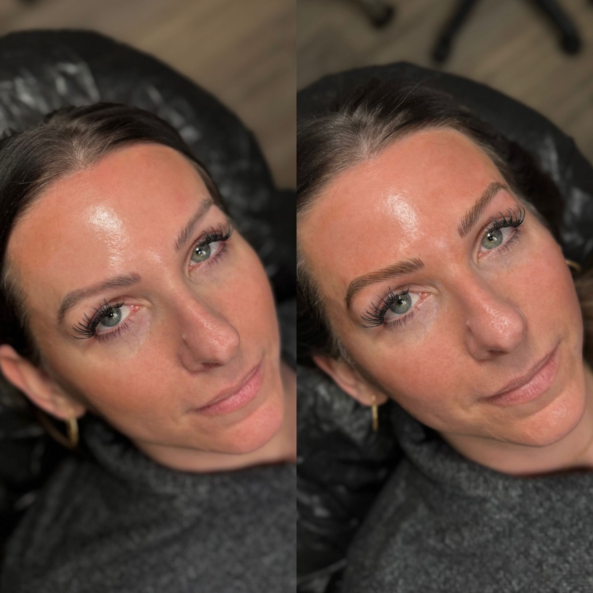 Two side-by-side photos of a woman. The left shows sparse eyebrows; the right shows them filled with microblading.