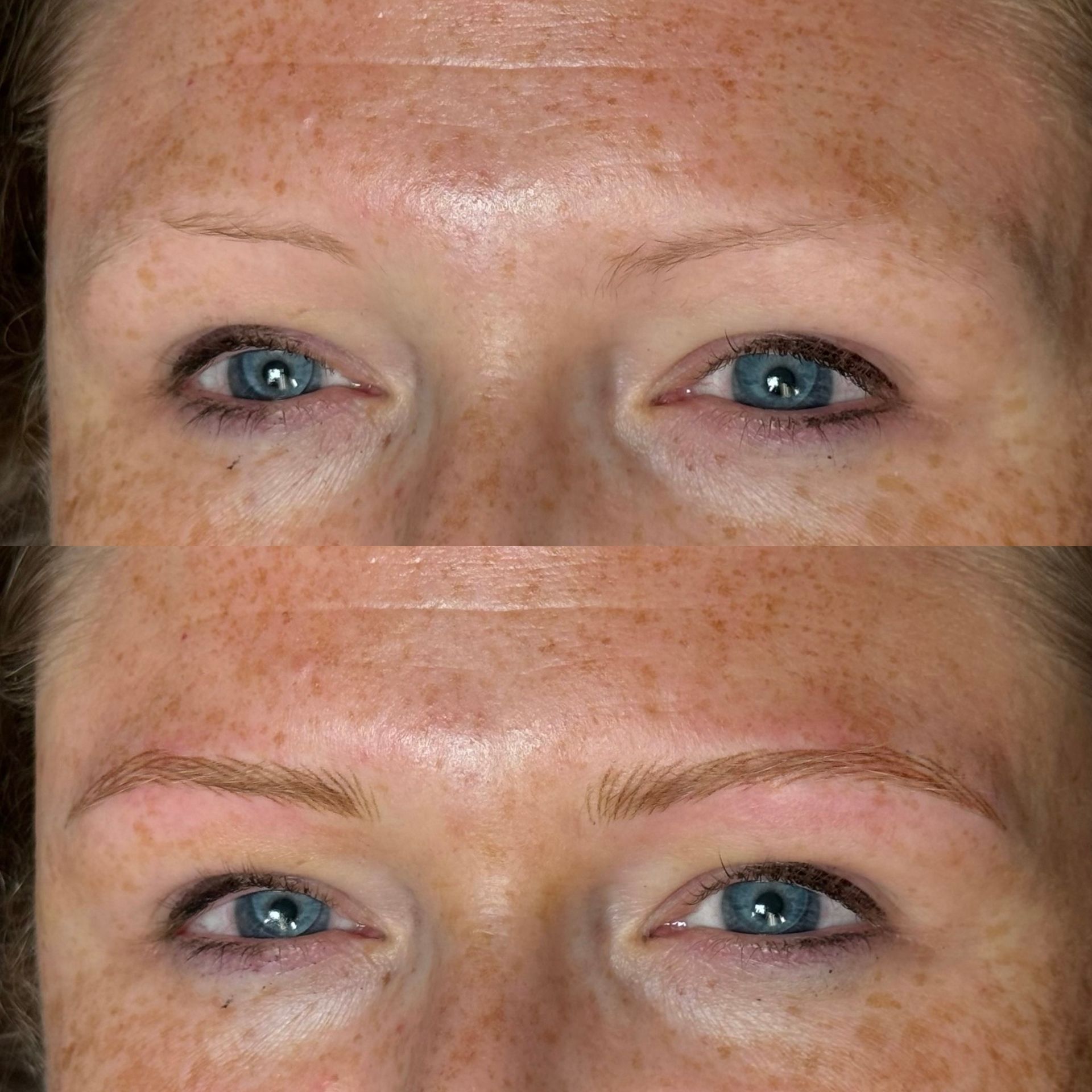 Before-and-after of eyebrows; top shows sparse brows, bottom shows filled-in brows with a natural arch.