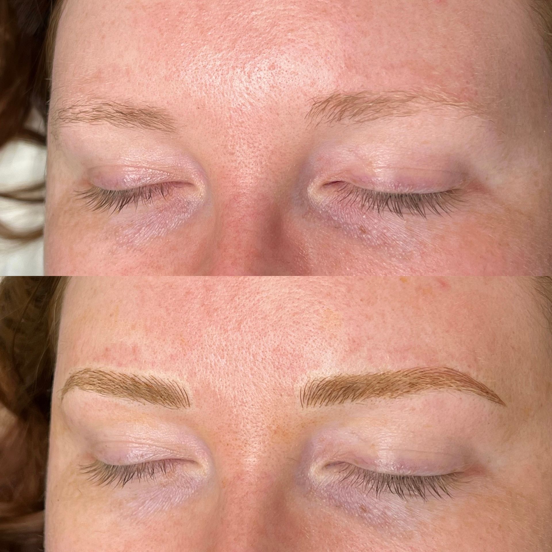 Comparison: before and after eyebrow micropigmentation. Lighter brows are enhanced to a darker shade.
