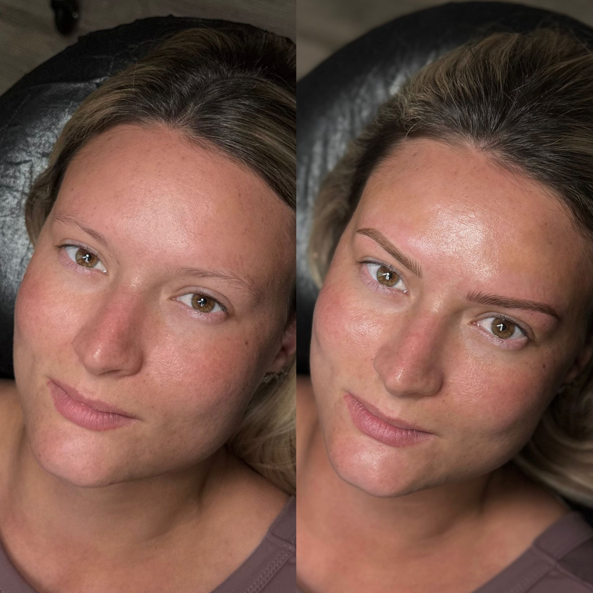 Side-by-side: woman before and after brow microblading. The ‘after’ photo shows defined eyebrows.