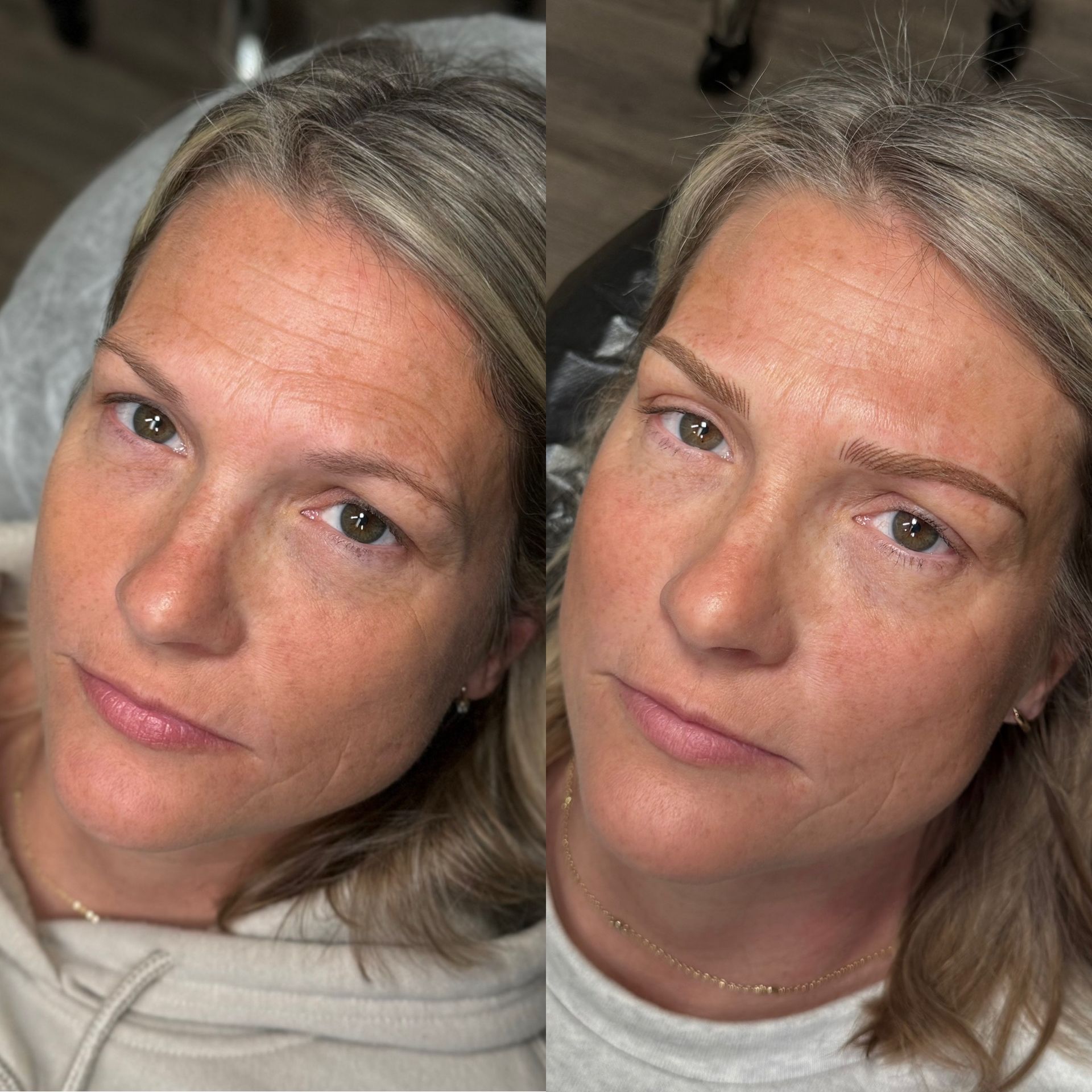 Before and after of a person's eyebrows. Before: sparse. After: filled and shaped with pigment.