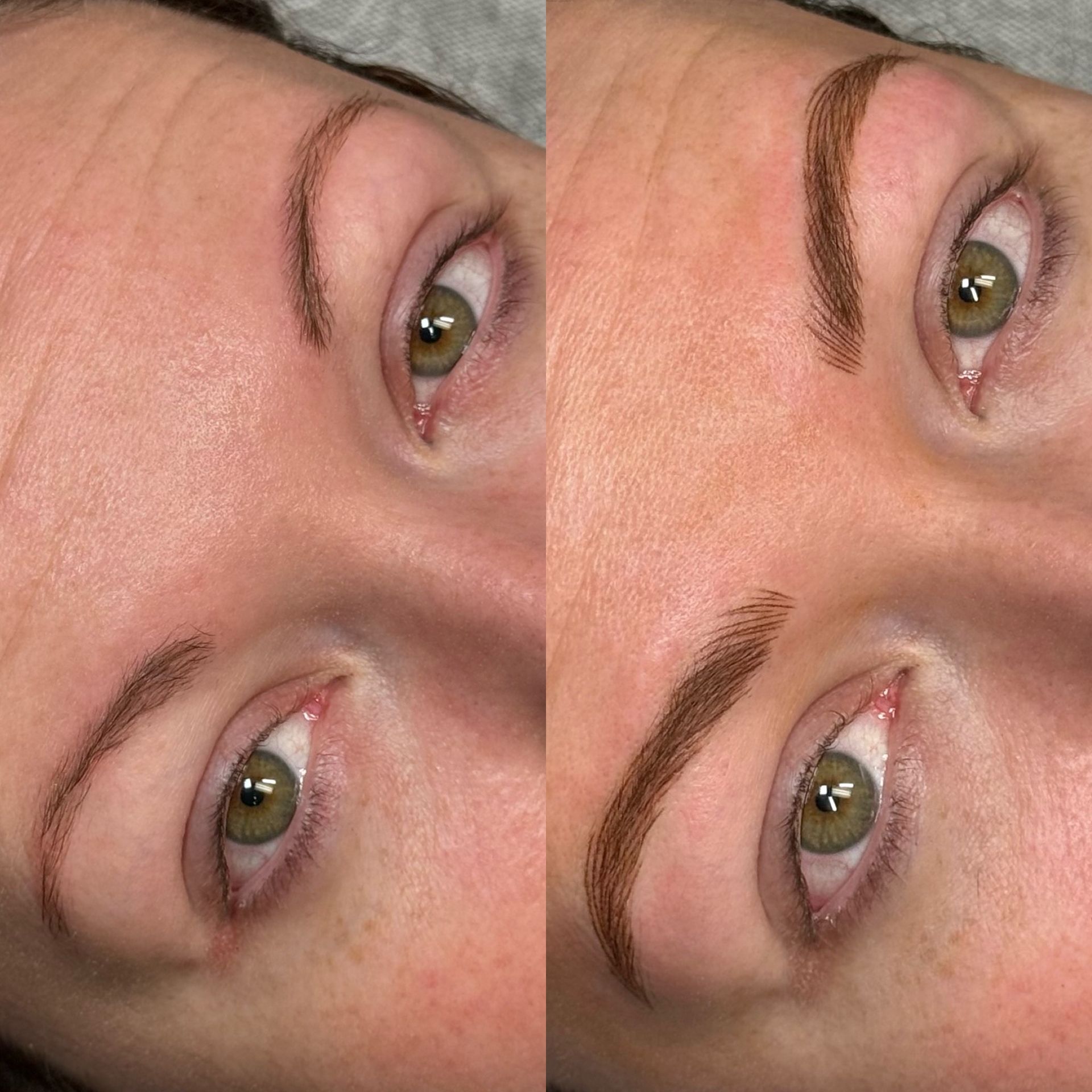 Before and after photos of a person's eyebrows. The right side shows filled-in, dark brown brows. The left side shows sparse brows.