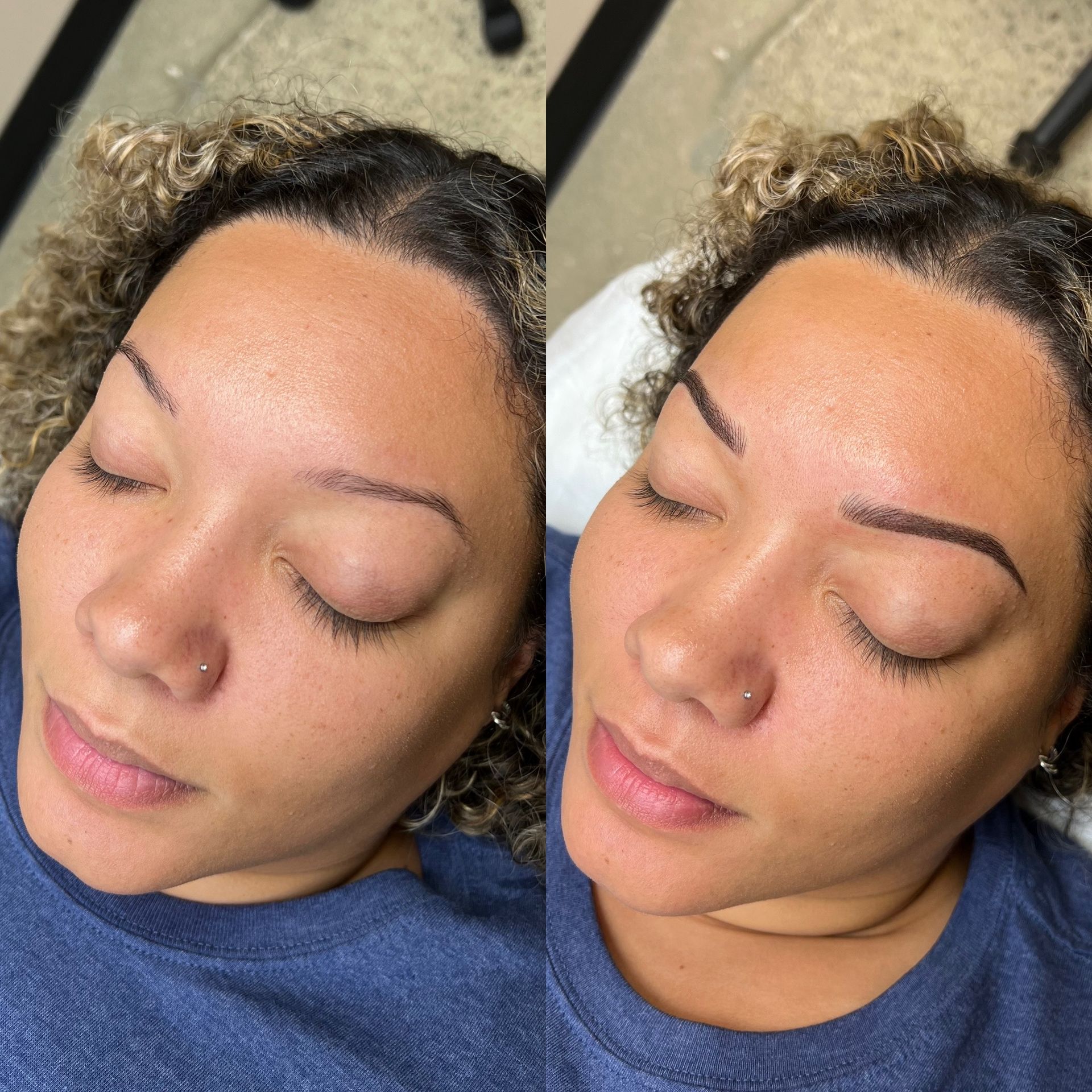 Before and after of a person's eyebrows. The before shows thin brows; the after, shaped brows.