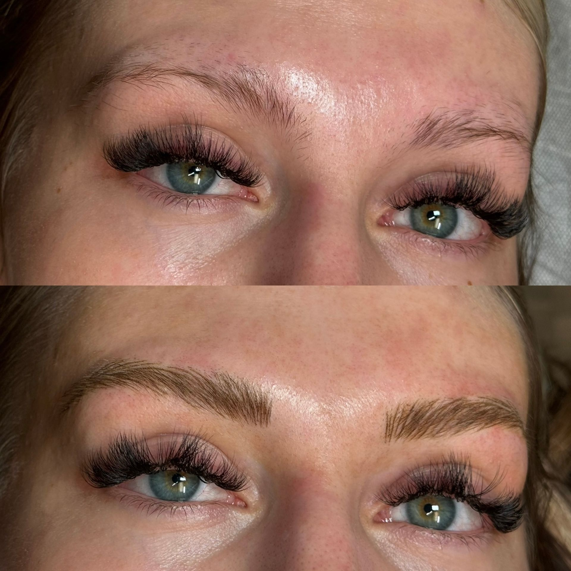 Before-and-after of a person's eyebrows. Left side shows sparse brows. Right side shows filled-in, shaped brows.