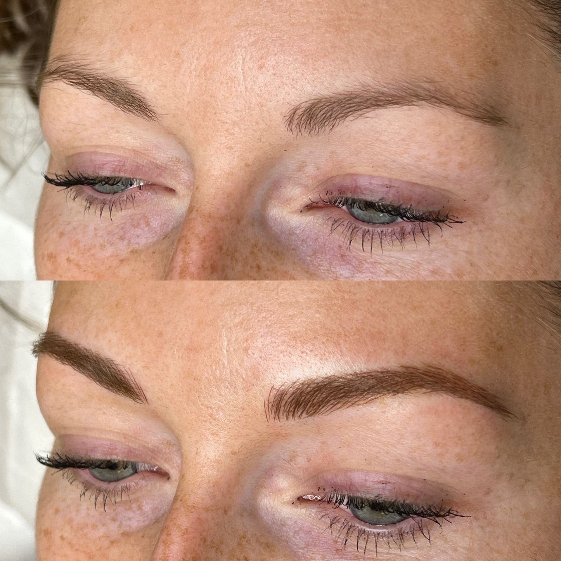 Eyebrow transformation: Before and after semi-permanent makeup, showing color and shape differences.