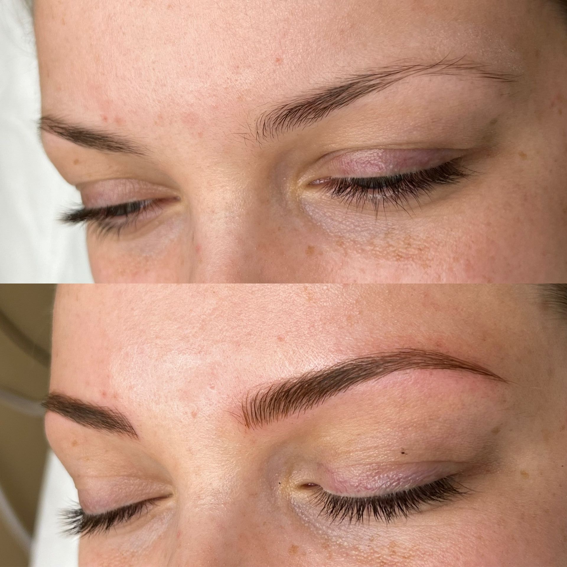Before and after of eyebrows with improved shape and darker color.