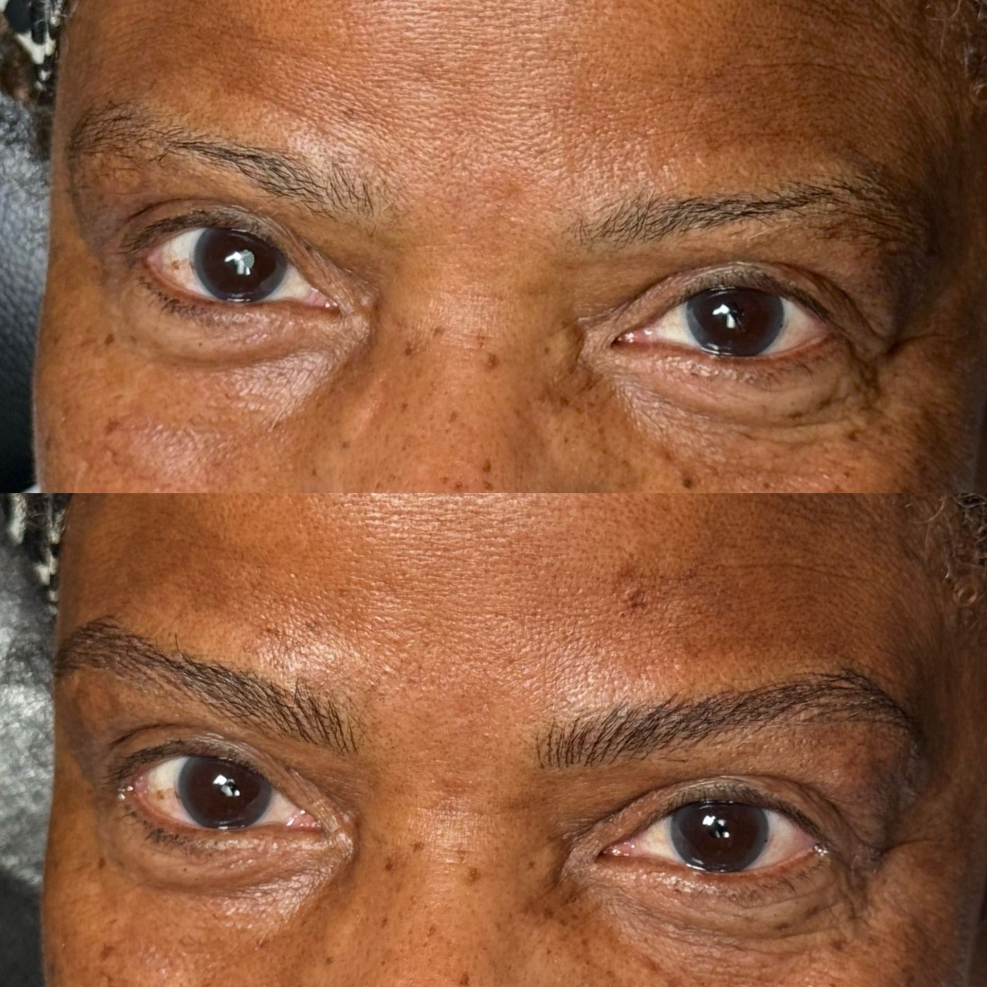 Before and after close-up of dark eyes and eyebrows. Top: thin brows. Bottom: fuller, darker brows.