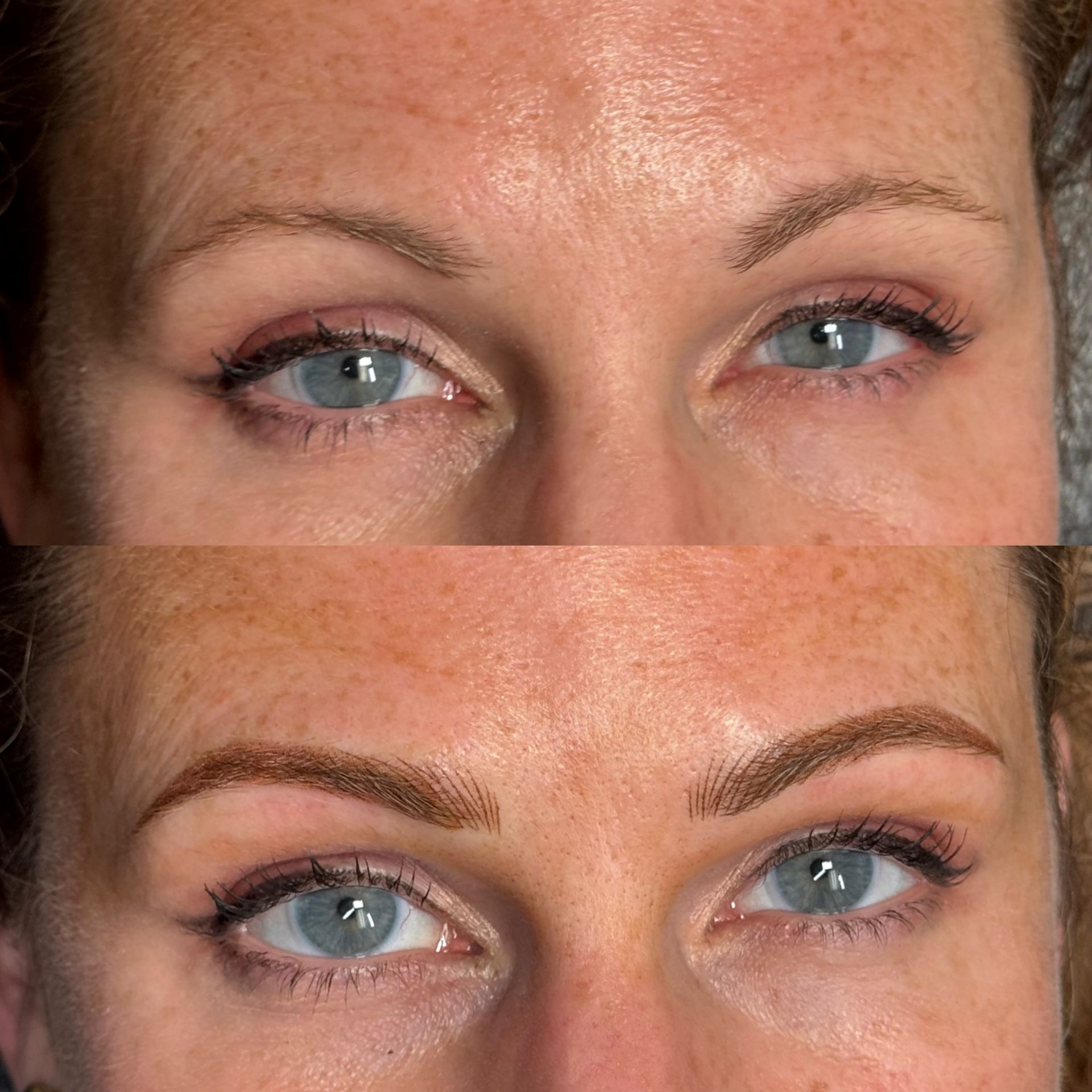 Before and after view of a person's eyebrows. The bottom shows filled-in, defined brows; the top shows sparse brows.