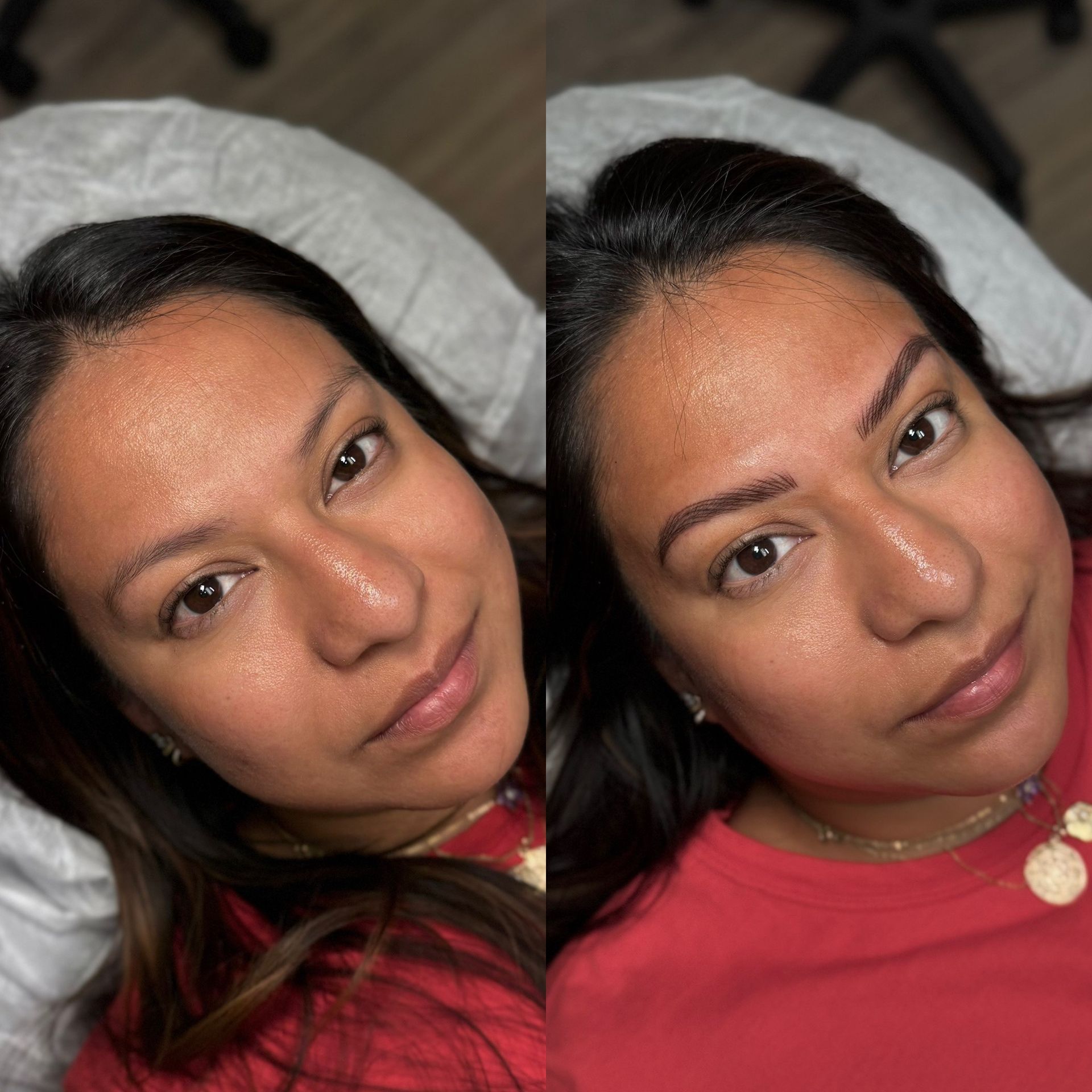 Before and after of a person's eyebrow microblading. The woman is laying on a table in a salon, and wears a red shirt.