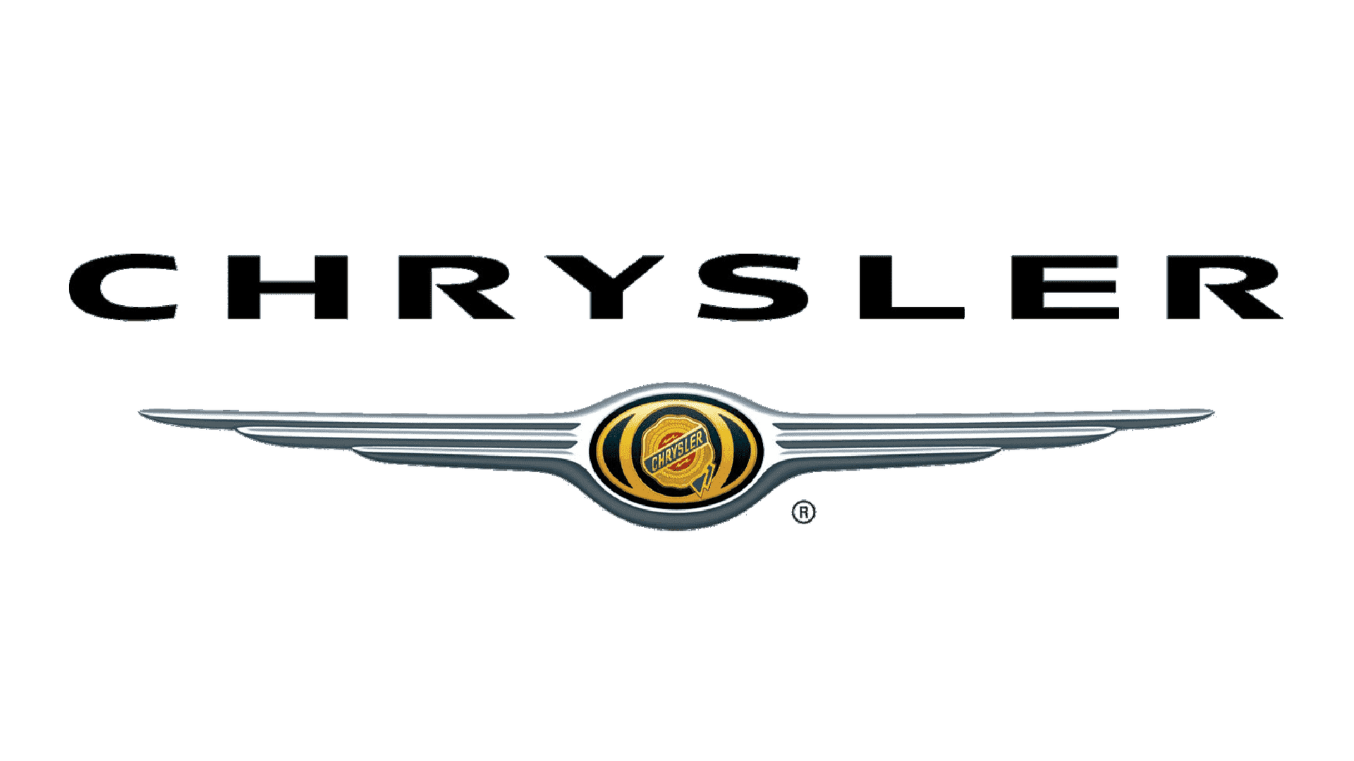Logo Chrysler con scritta nera ed emblema alato argentato su sfondo bianco.