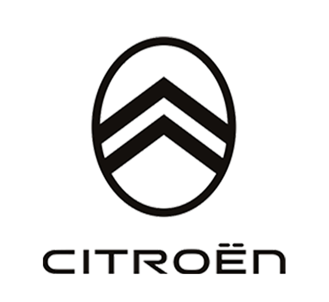 Logo Citroën in nero, con l'emblema a doppia freccia sopra il nome del marchio.