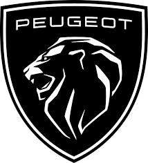 Logo Peugeot nero con testa di leone bianca all'interno di uno scudo.