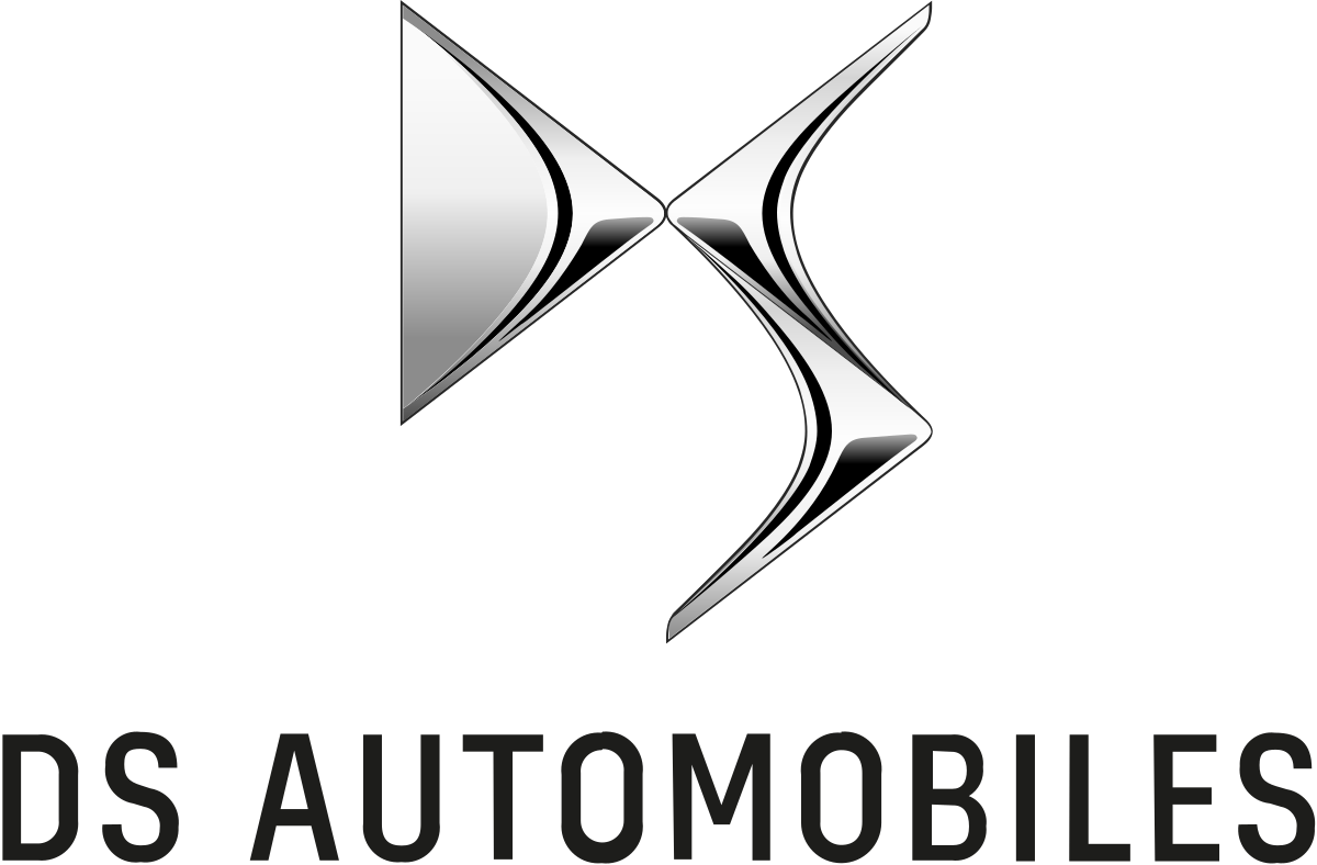 Logo DS Automobiles in argento con il nome del marchio sottostante su sfondo bianco.