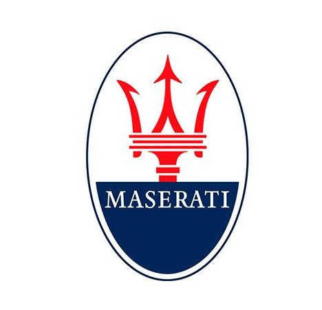 Logo Maserati con tridente rosso su sfondo ovale bianco e base blu.