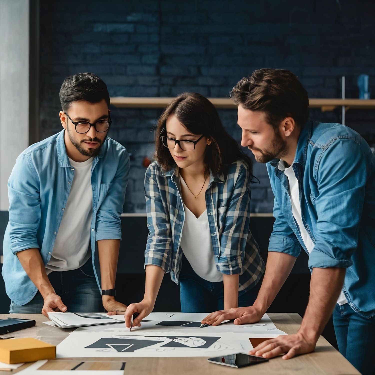Three coworkers leaning over a table, reviewing design sketches in a dim office