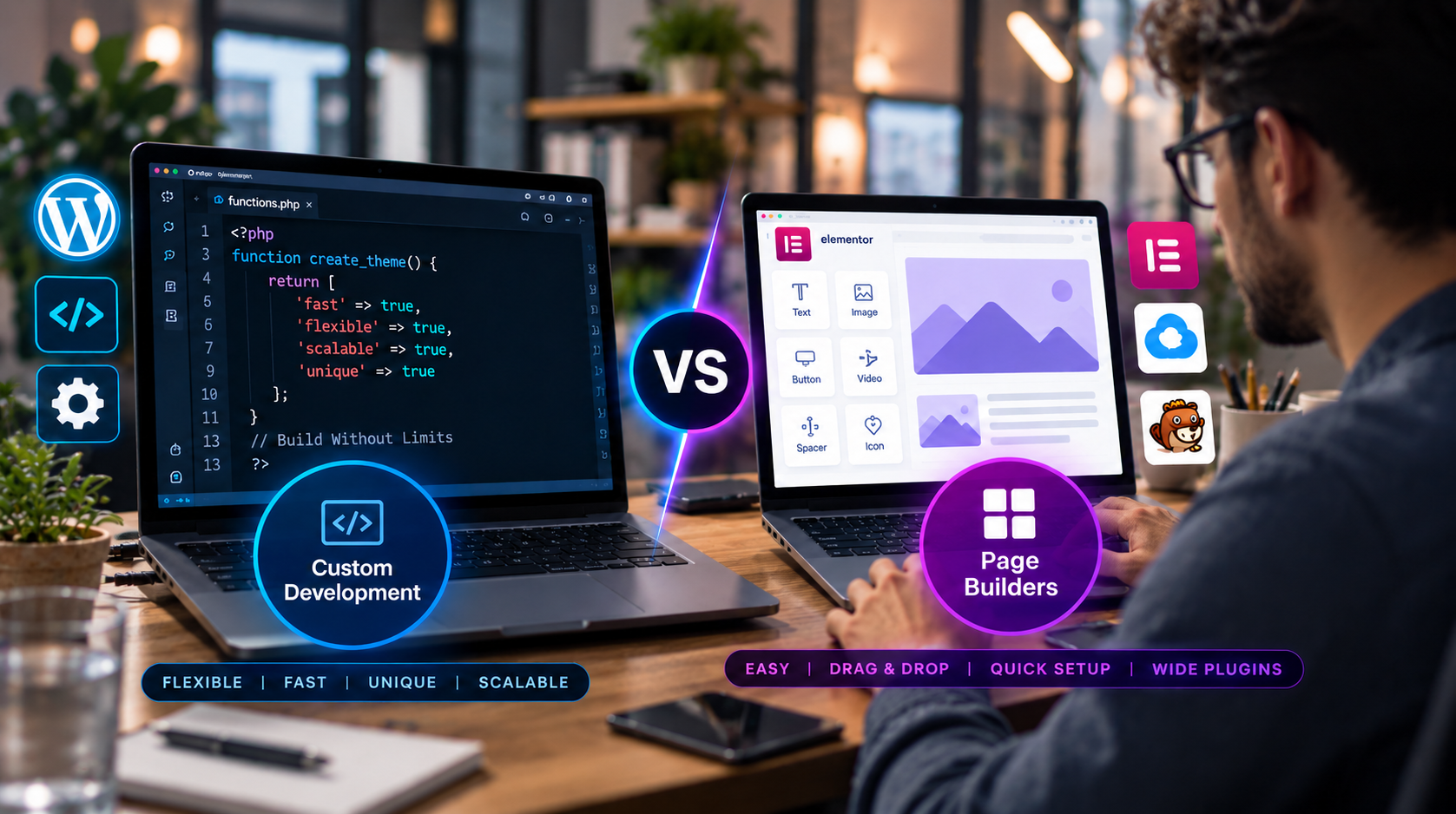 Two laptop screens comparing WordPress code and a visual website builder in a modern office