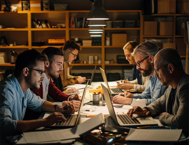 People working on laptops around a long table in a warmly lit office