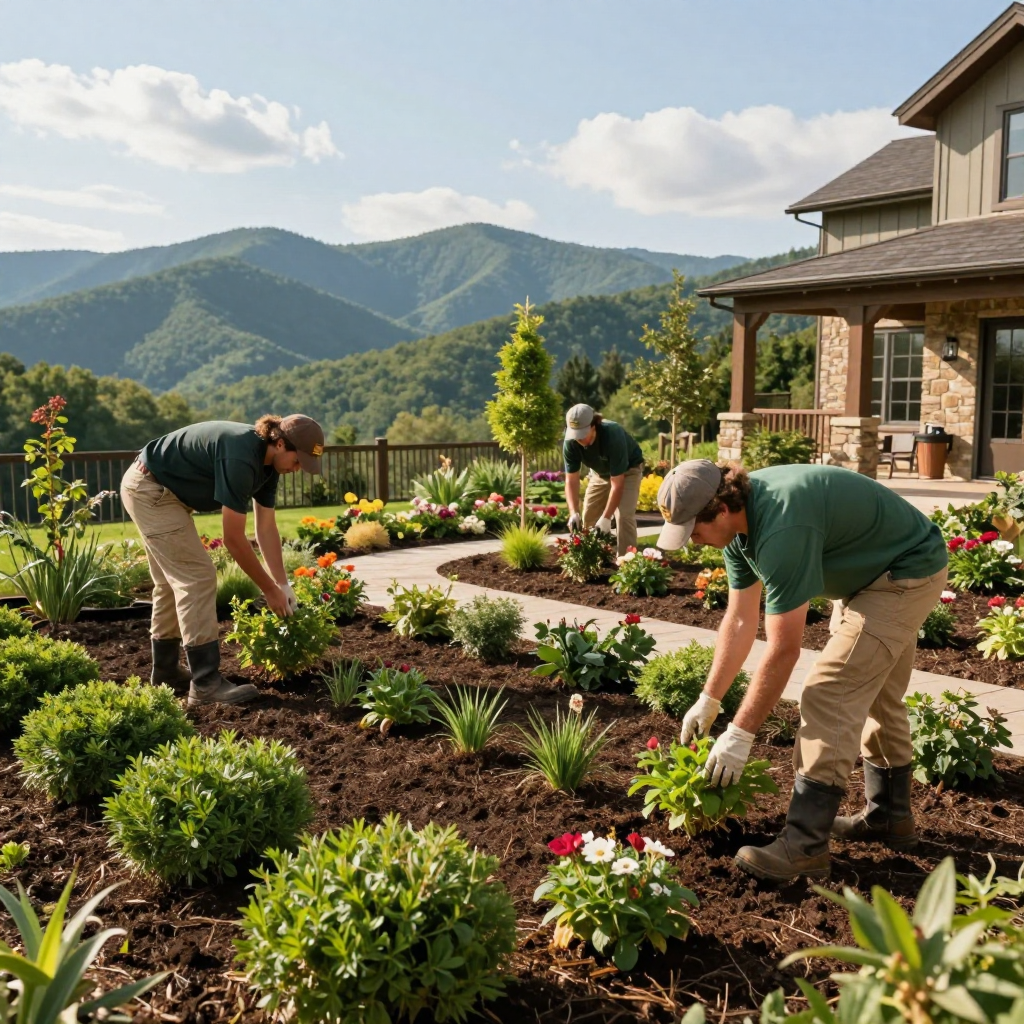 Three workers in green shirts tend to a mulched garden bed with plants, a house, and mountains in the background.