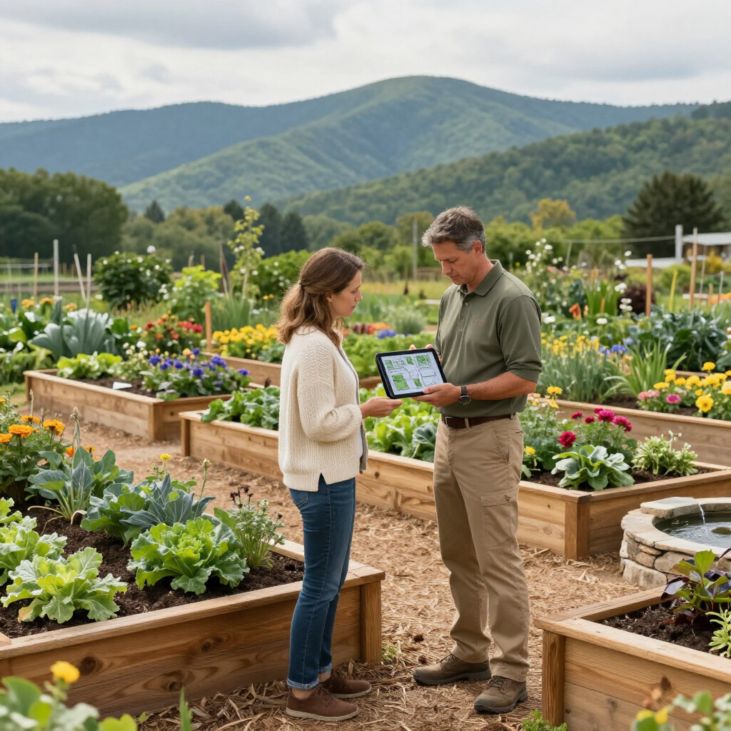 Two people standing in a raised-bed community garden, consulting a tablet while mountains rise in the background.