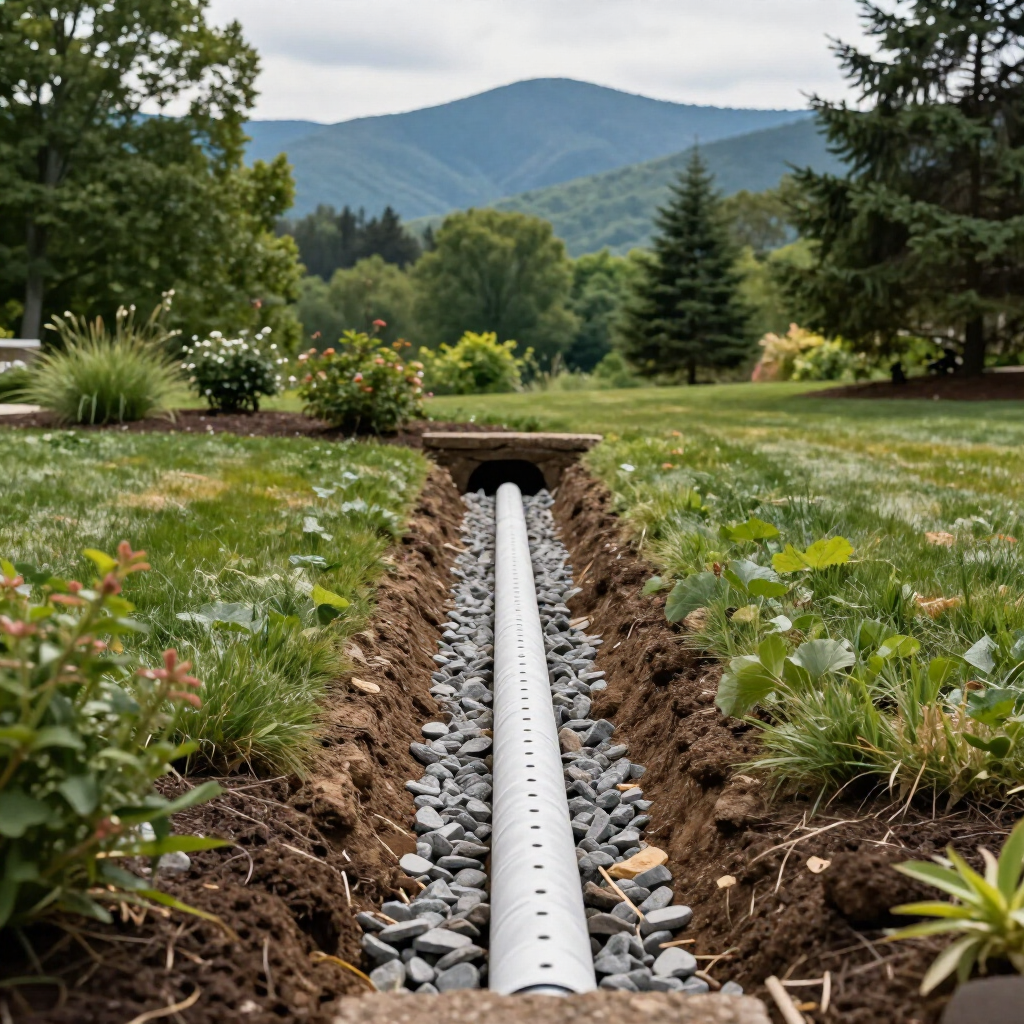 A perforated drainage pipe sits in a rock-filled trench in a grassy backyard with mountains in the background.