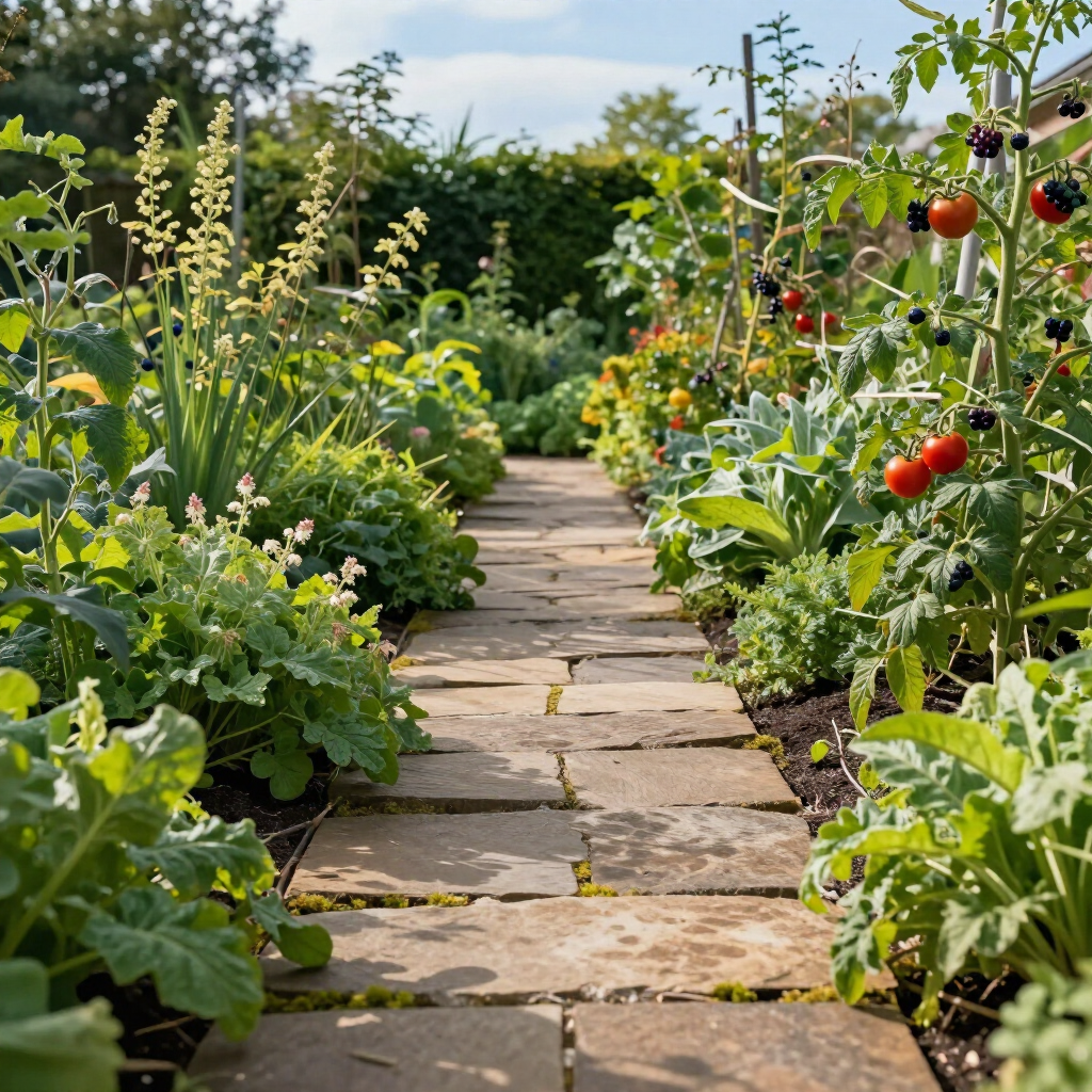 A stone path leads through a lush vegetable garden with tomato plants, leafy greens, and flowering herbs in the sunlight.