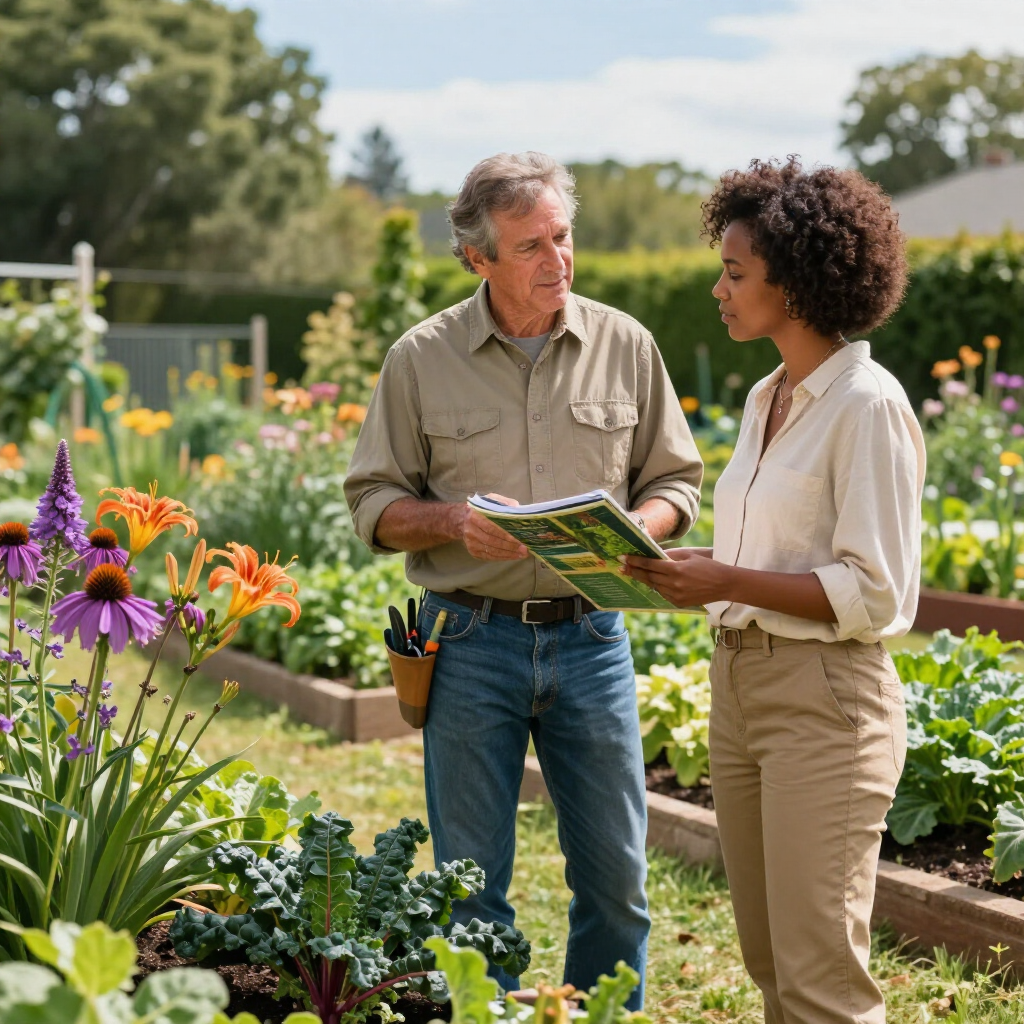 Two people stand in a sunny garden, holding a gardening guide and discussing the plants in the raised beds.