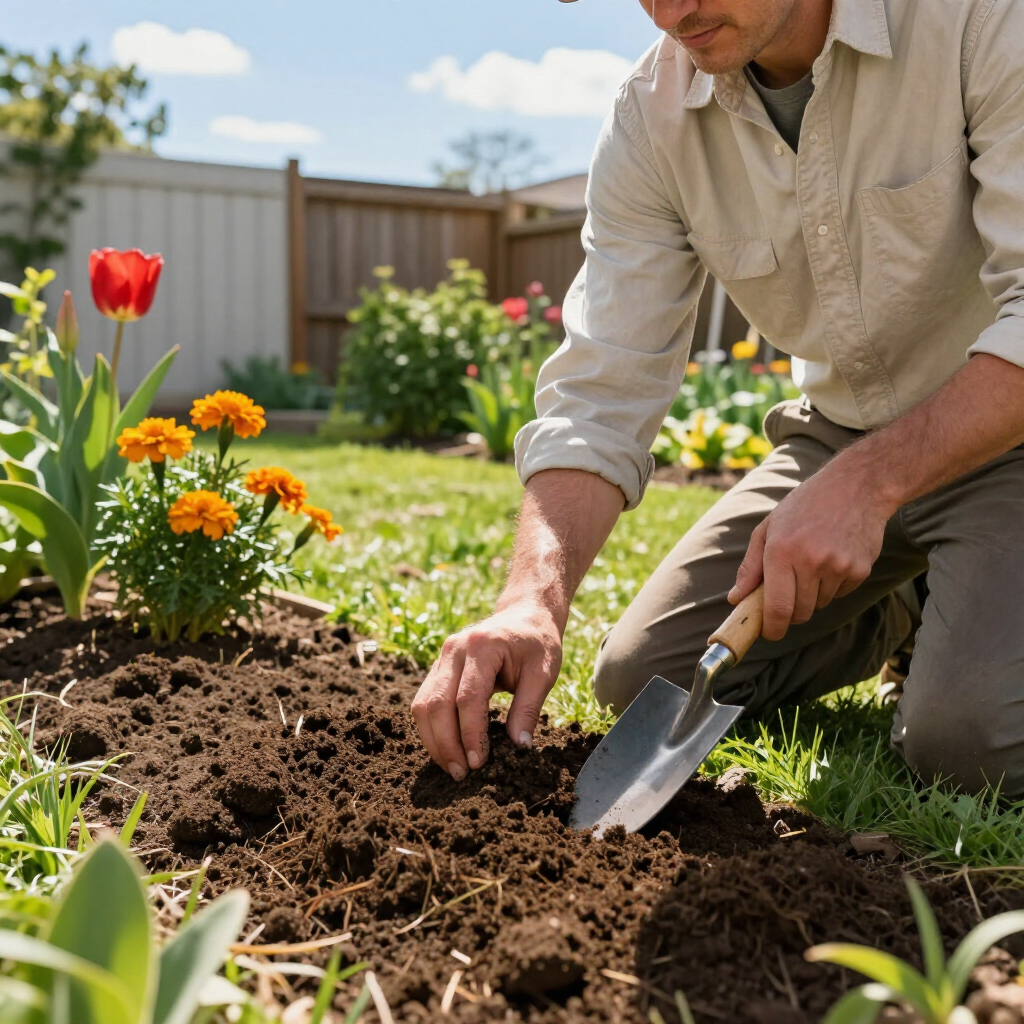 A person kneeling in a garden, using a hand shovel to work the soil near blooming orange marigolds and a red tulip.