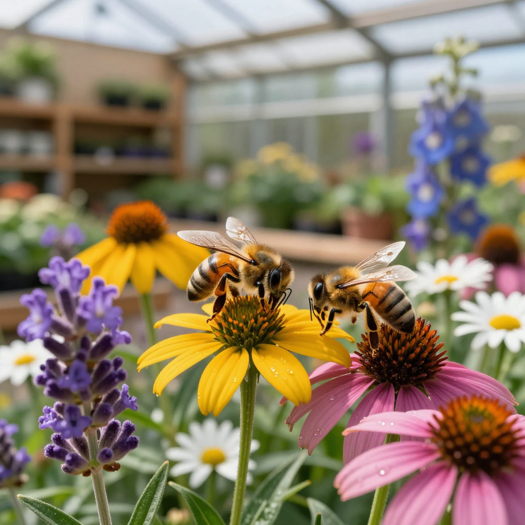 Two honeybees collect pollen on yellow and pink coneflowers, with lavender and a greenhouse in the background.